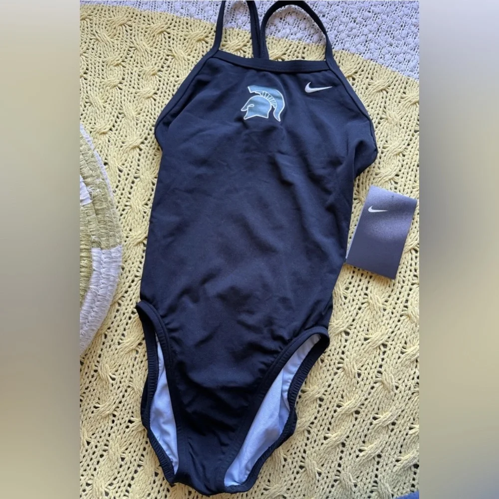 Nike Swim MSU Black One-Piece Swimsuit with Spartan Helmet Youth Size 10 - Picture 2 of 9